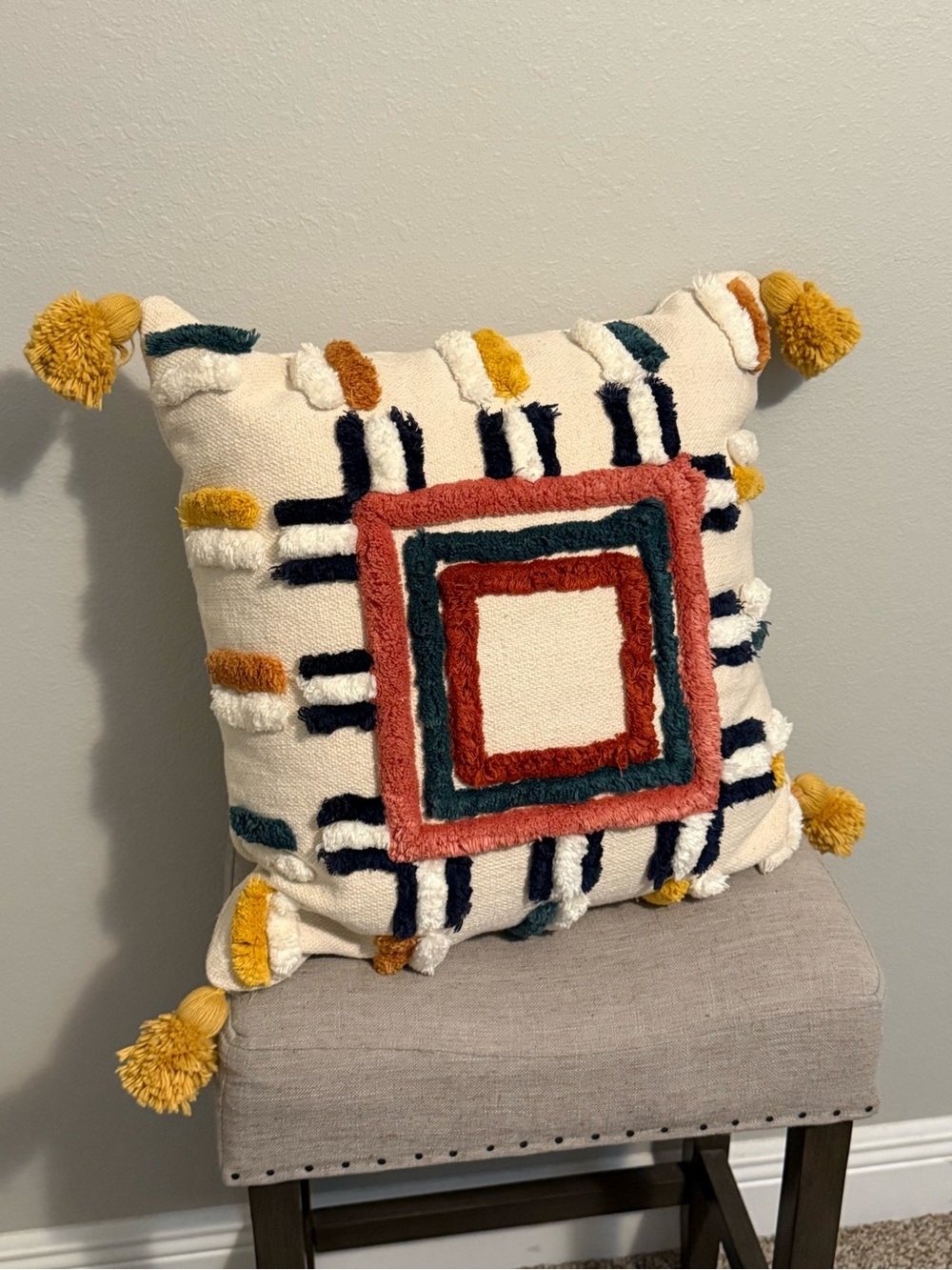 Noble Excellence Boho Tassel Throw Pillow in Cream, Mustard & Rust